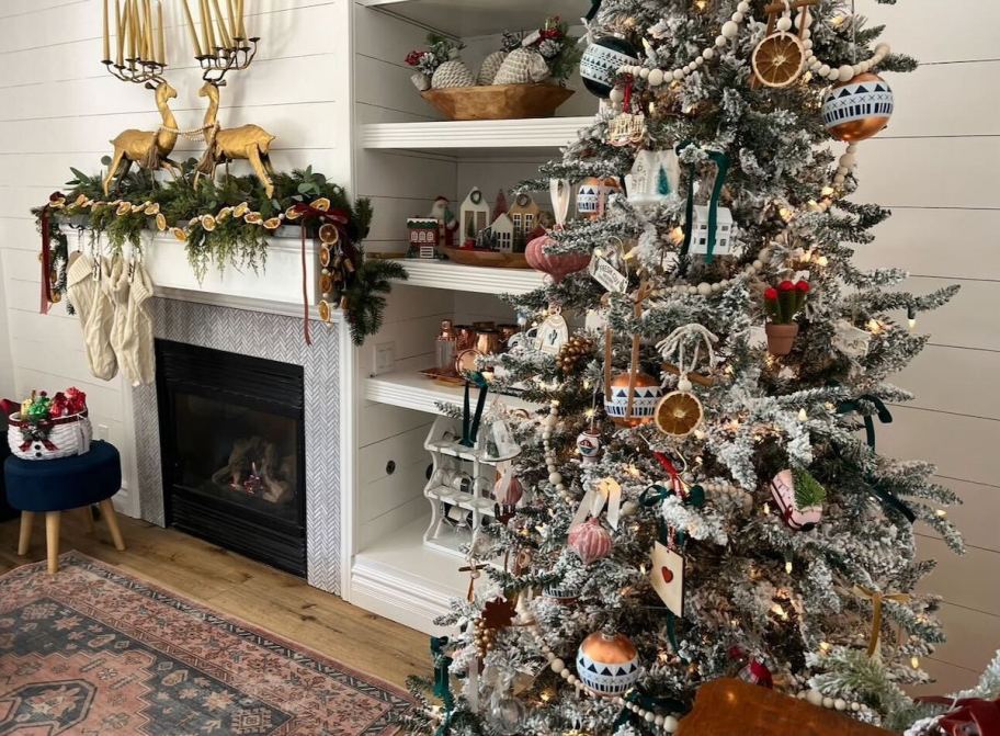 close up of decorated christmas tree in living room