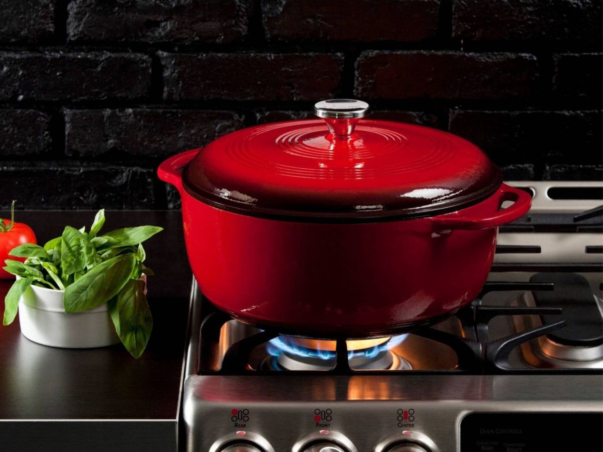 red dutch oven on stove