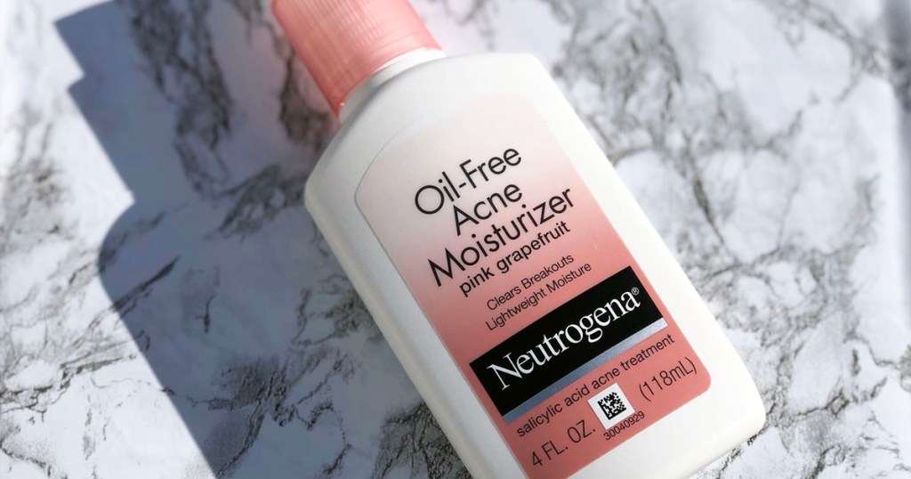 neutrogena oil free acne moisturizer in pink grapefruit on counter