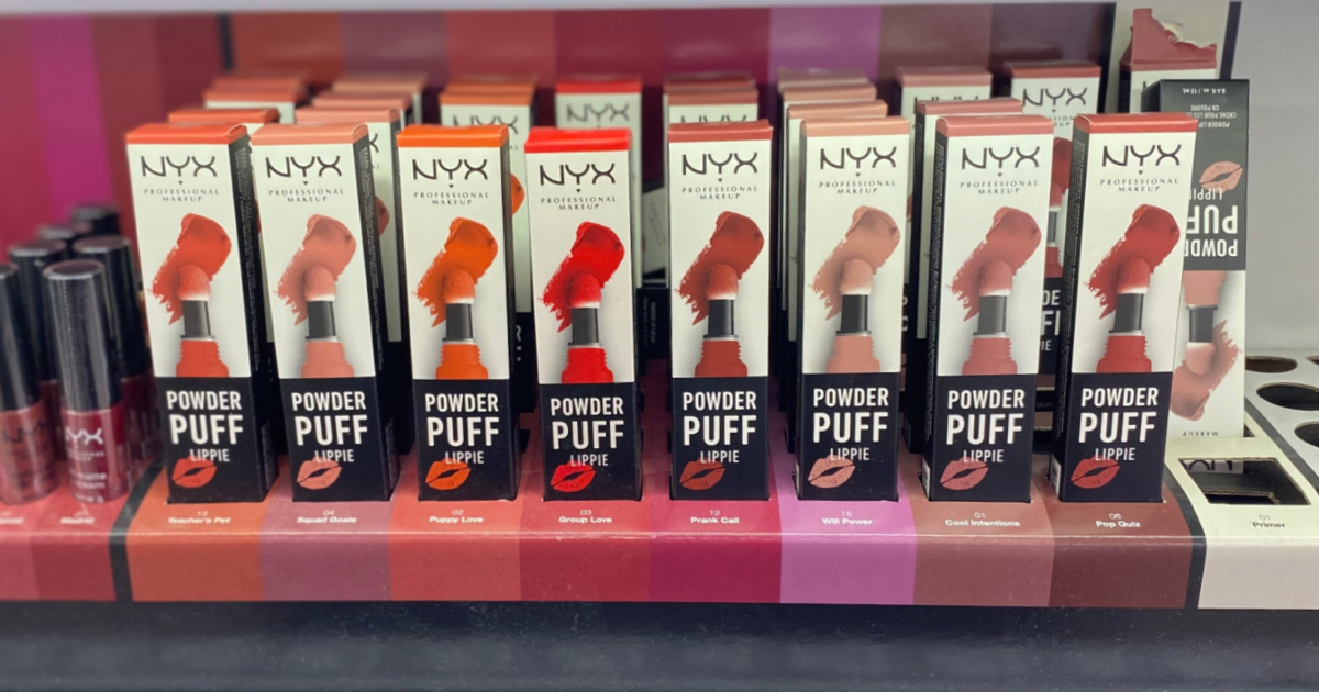 collection of lip creams on display in a store