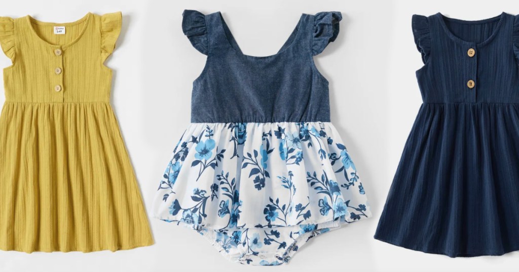 yellow floral and navy dresses
