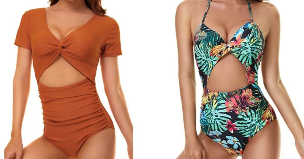 woman wearing orange swimsuit and woman wearing floral swimsuit