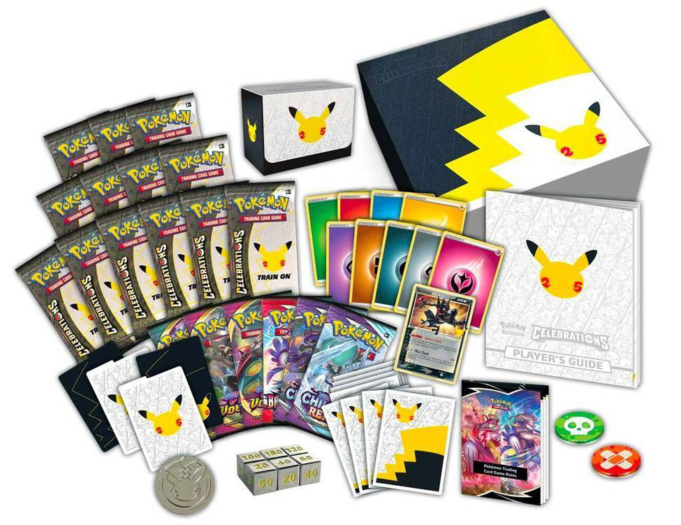 stock image of the contents of a pokemon tcg box