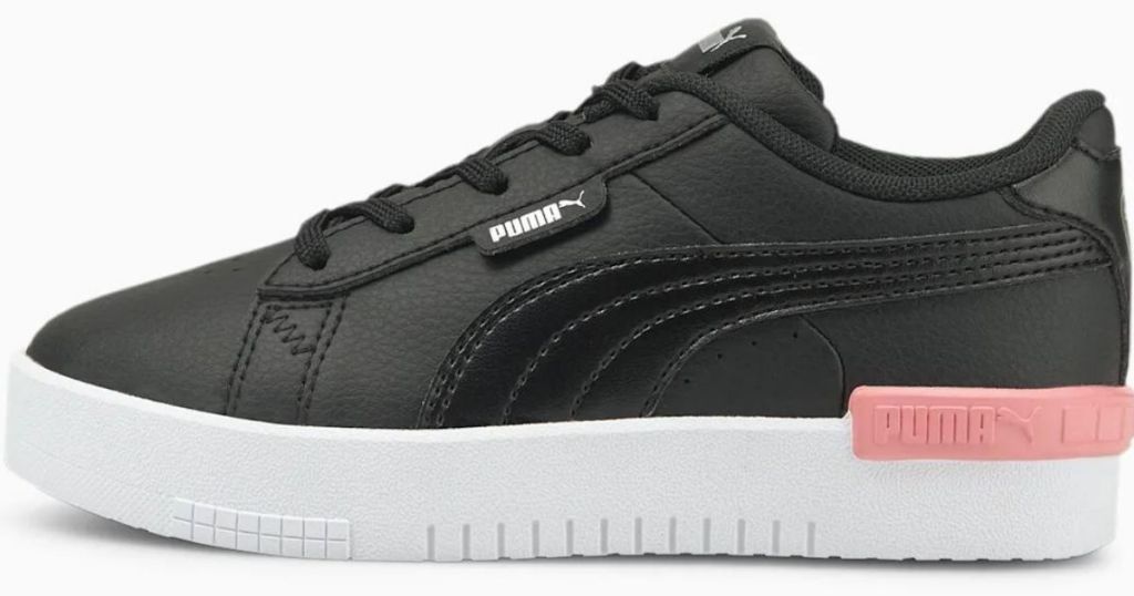 kids black Puma sneaker with pink accent and white soles