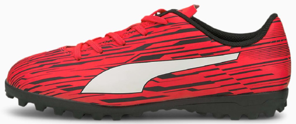 red and black tiger stripe with white accent kids Puma cleat