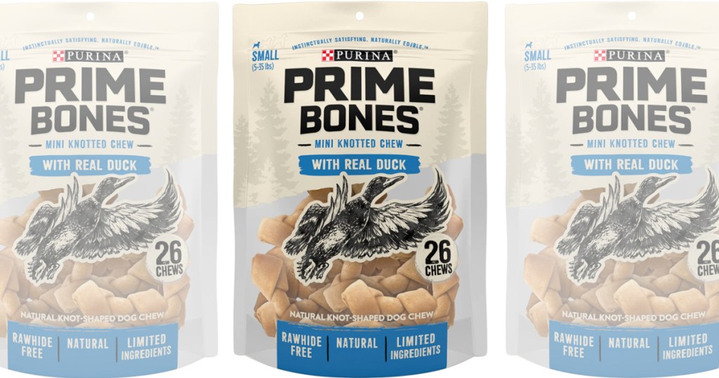 three side by side stock images of bags of purina prime bones