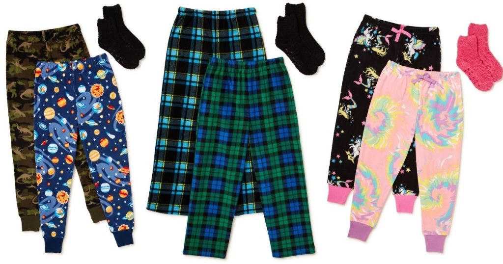 kids themed pajama pants sets with slipper socks