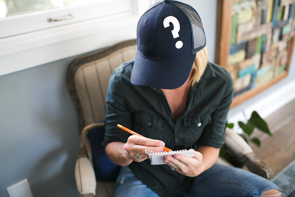 woman wearing hat with question mark 