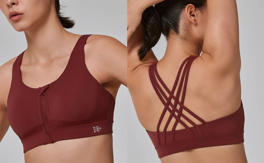 front and back image of women wearing red sports bra