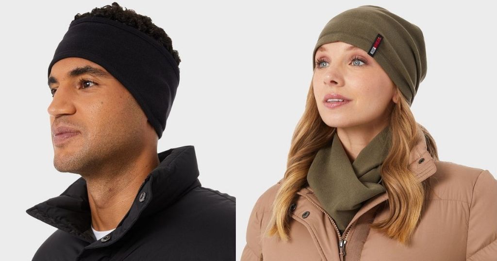 two people wearing 32 Degrees Headband and Beanies
