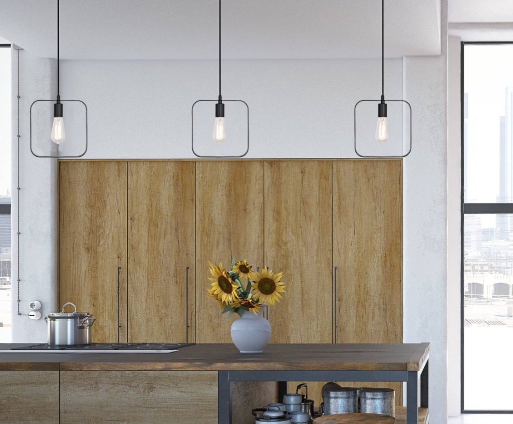 kitchen with hanging lights