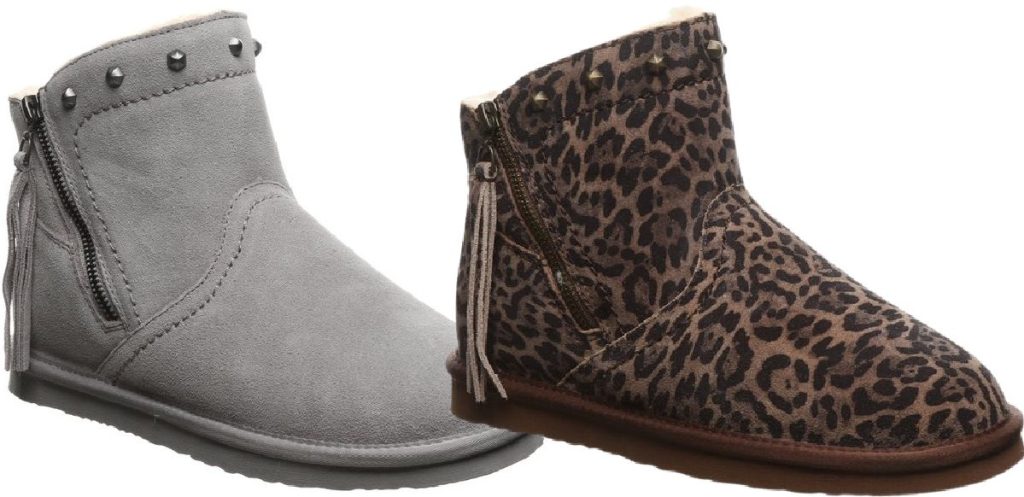 gray studded boot and leopard studded boot