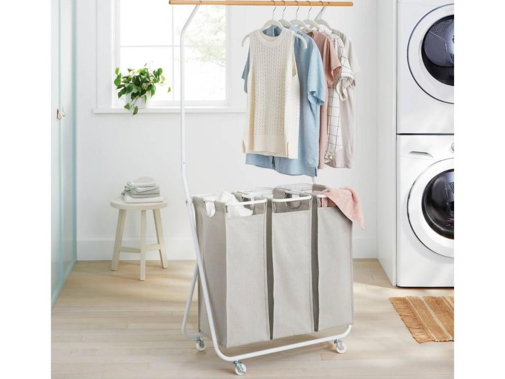 Brightroom Rolling Triple Laundry Sorter with Hangbar