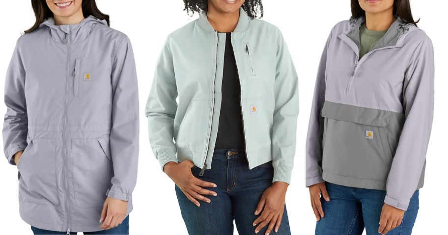 3 different styles of women's carhartt rain jackets