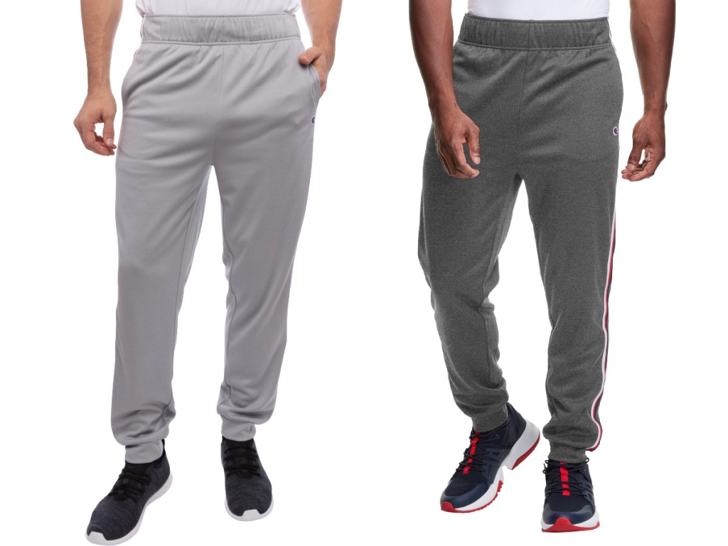 man in light gray track pants and man in dark gray track pants