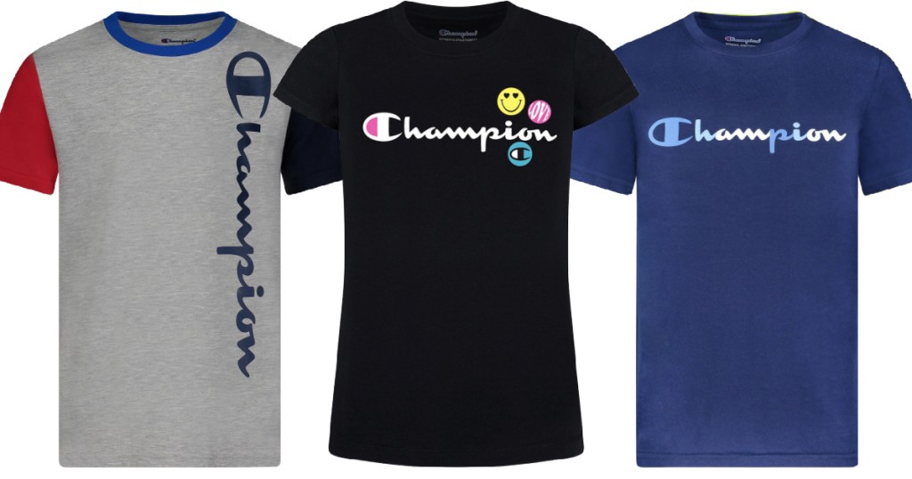 three tee shirts with the "champion" logo on them