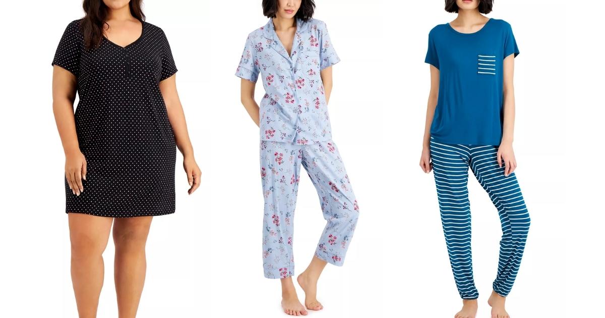 stock images of three women wearing charter club pajama sets and nightgowns