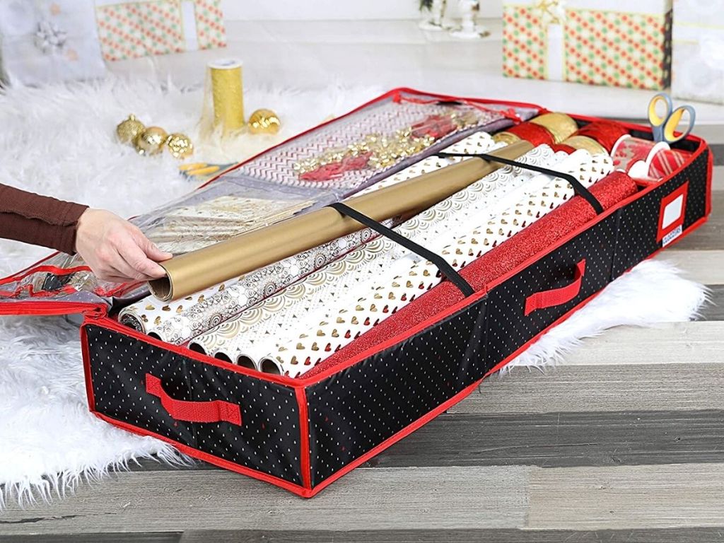 red and blue Gift Wrap Organizer and Storage Box