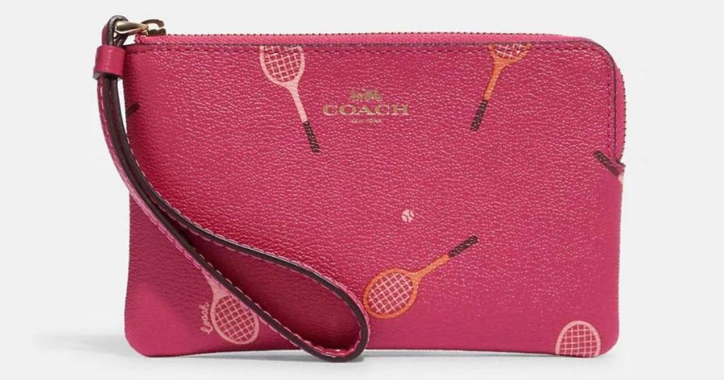 Coach Corner Zip Wristlet with Racquet Print (Gold/Bold Pink Multi)