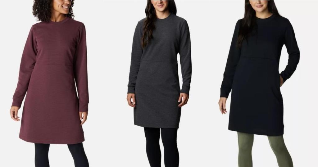 women wearing columbia firwood ottoman dress in different colors