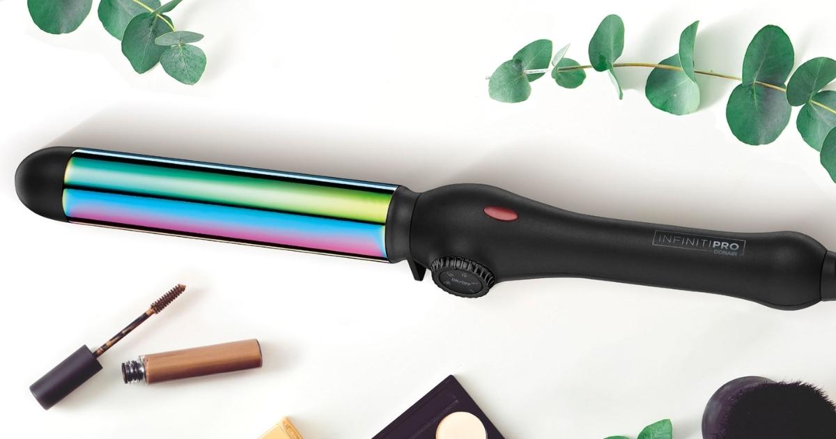 conair infinitipro rainbow titanium curling wand with greenery and makeup