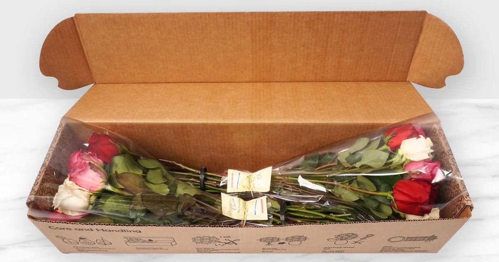 two bouquets of roses in shipping box