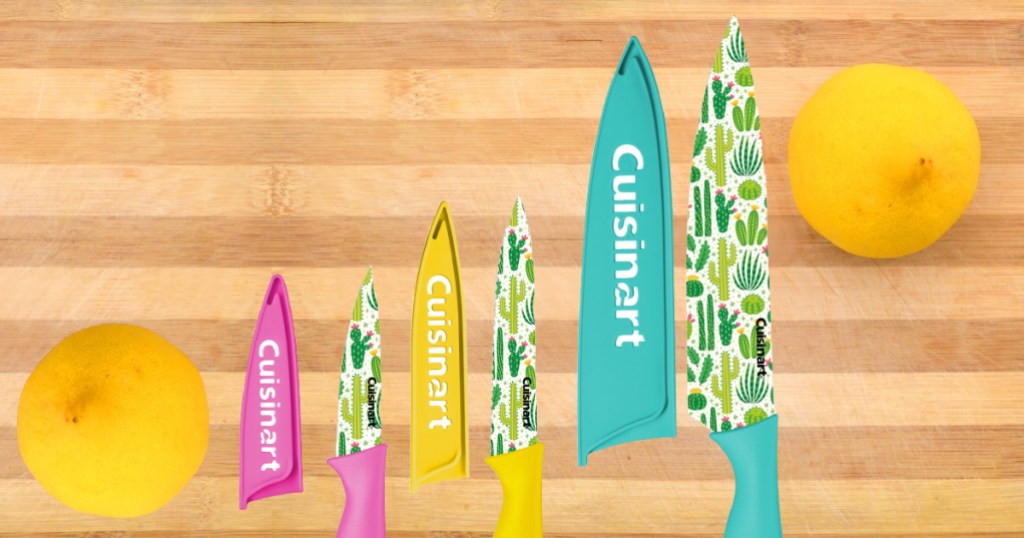 cactus print knife set on cutting board with two lemons