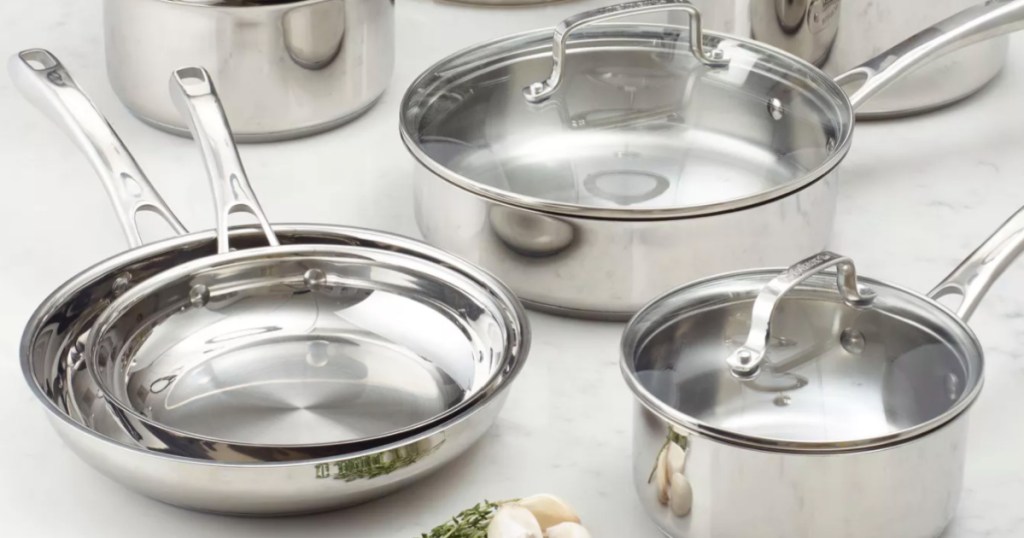 satinless steel cookware on counter