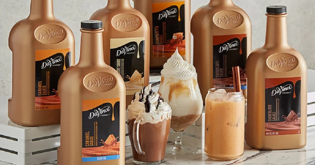 large bottles of gourmet dessert sauces in different flavors