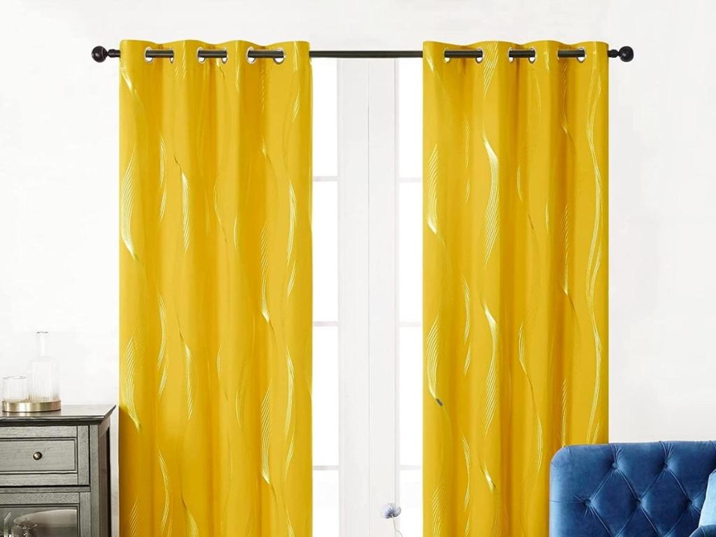 Deconovo Foil Print 2 Panel Blackout Curtains, Mellow Yellow