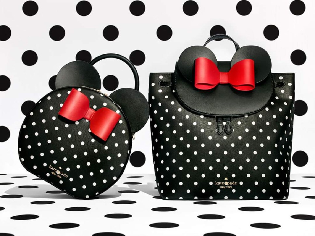 black and white polka dot Minnie Mouse crossbody bag and backpack