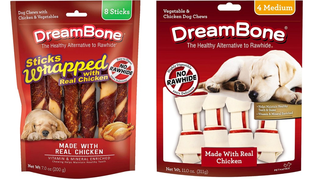 two red bags of dreambone dog chews