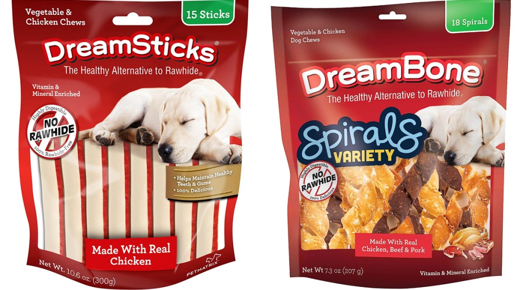 two red bags of dreambone dog chews