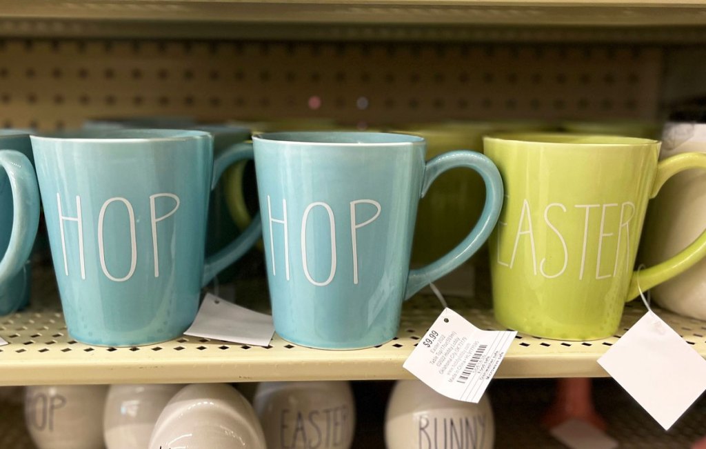 shelf of easter coffee mugs