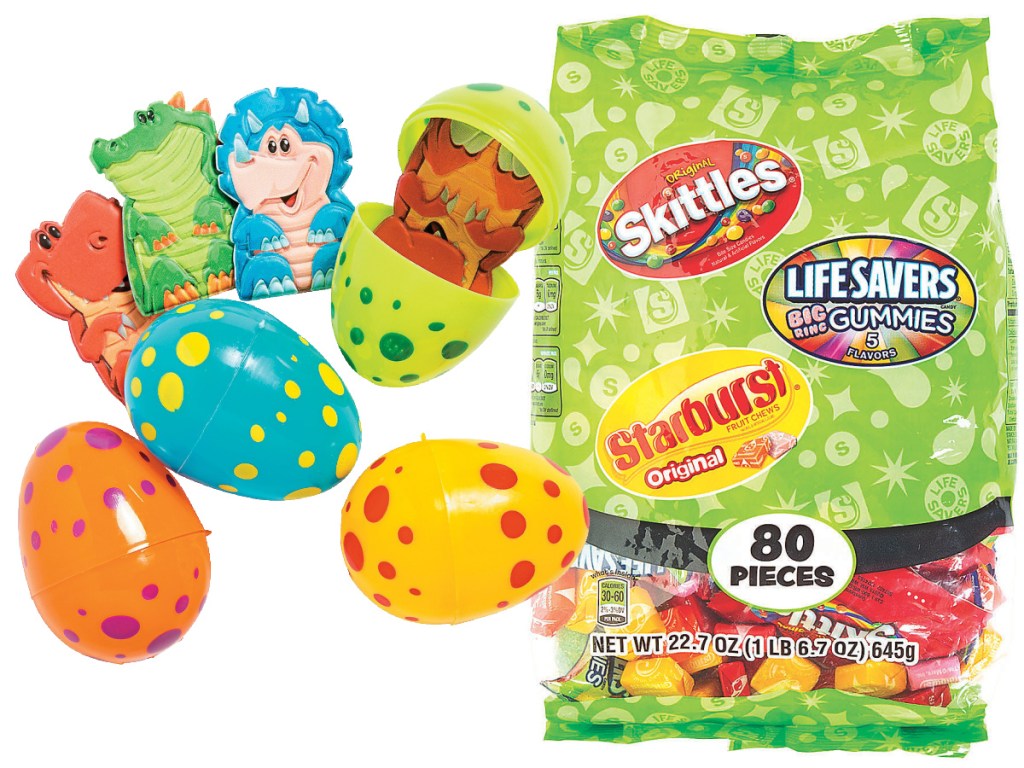 dinosaur toy-filled Easter eggs and bag of candy