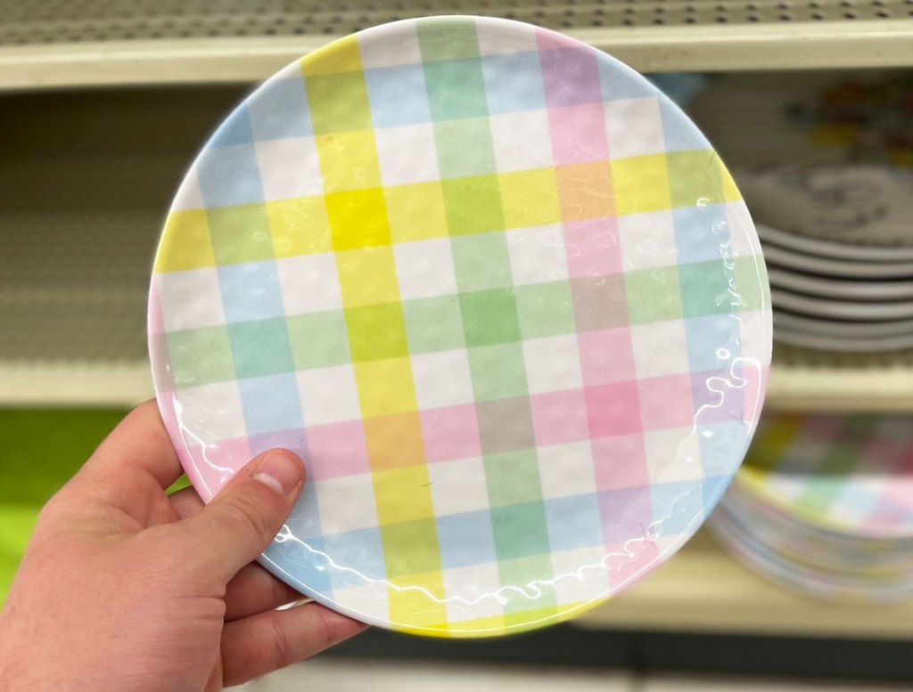 hand holding pastel plaid plate