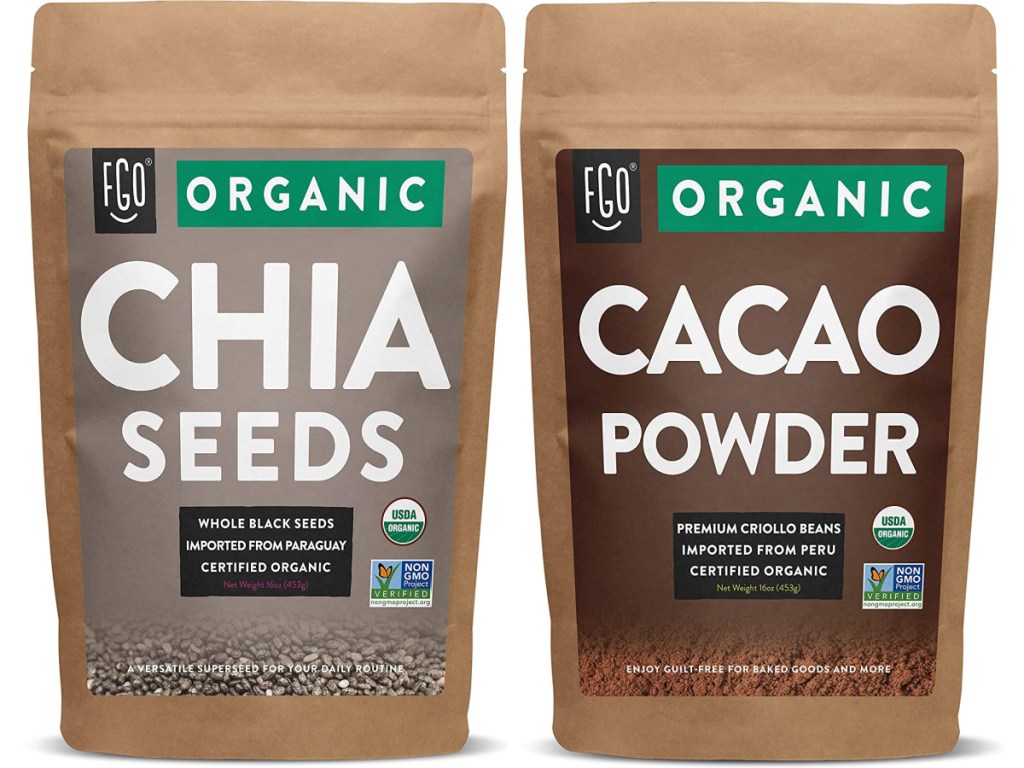 FGO Organic Chia Seeds16oz Resealable Bag and Cacao Powder 16oz Resealable Bag
