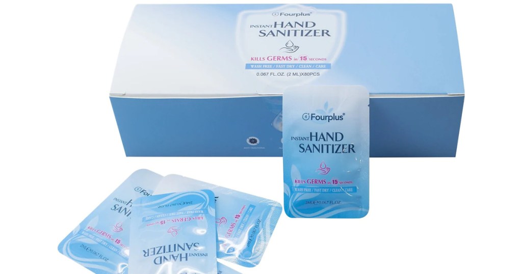 box of hand sanitizer sachets