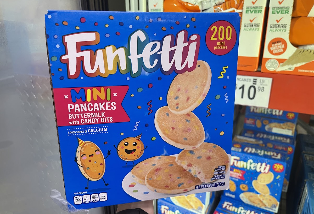 extra large box of Funfetti frozen mini pancakes near freezer section