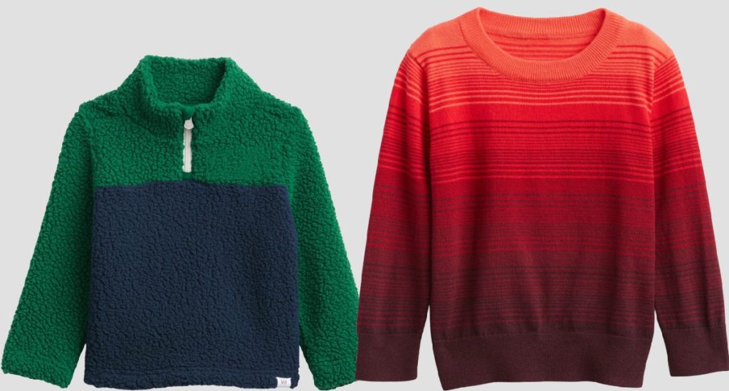 baby blue and green sherpa pullover and kids red ombre sweater