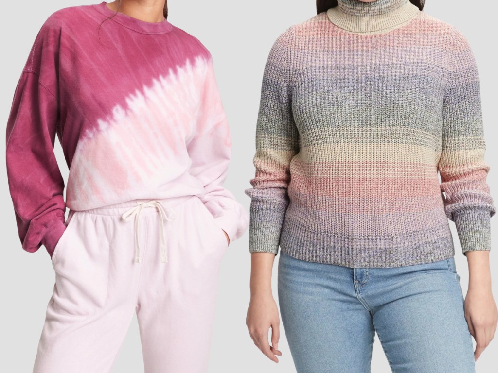 woman wearing pink tie dye sweater and woman wearing multicolored turtleneck
