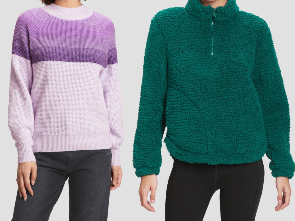 wwoman wearing purple waffle-knit sweater and woman in green sherpa sweatshirt