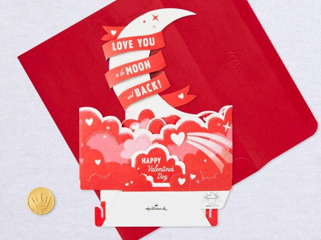 love you to the moon and back valentines day card with red envelope