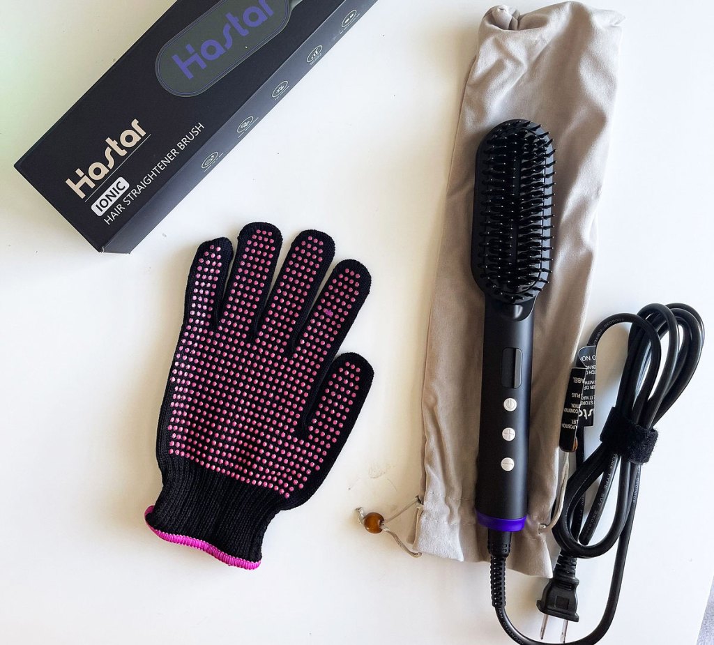 hair straightening brush, glove, and box