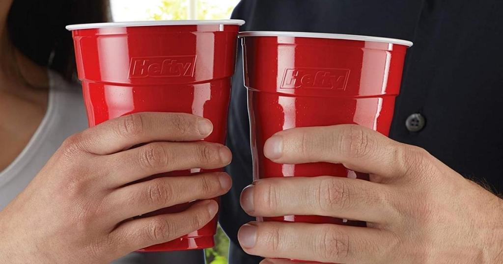 two red hefty plastic cups