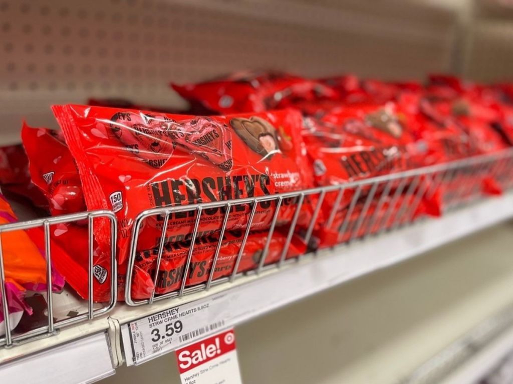 bags of Hershey's Chocolate Hearts in store