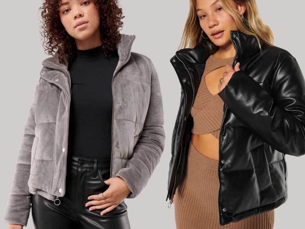 woman wearing gray velvet puffer jacket and woman wearing black faux leather puffer jacket
