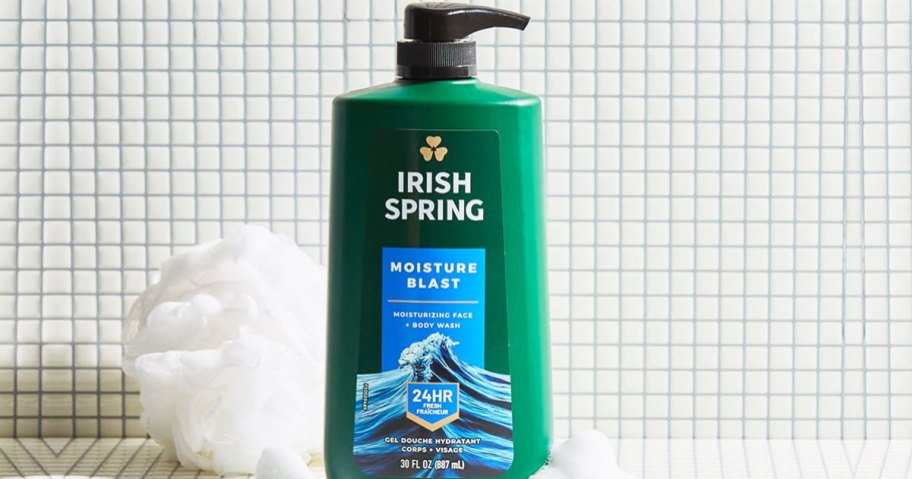 large green bottle of irish spring body wash in shower