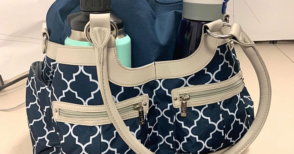 blue and white diaper bag satchel