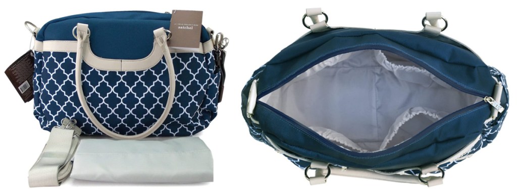 front view and inside view of blue and white satchel diaper bag